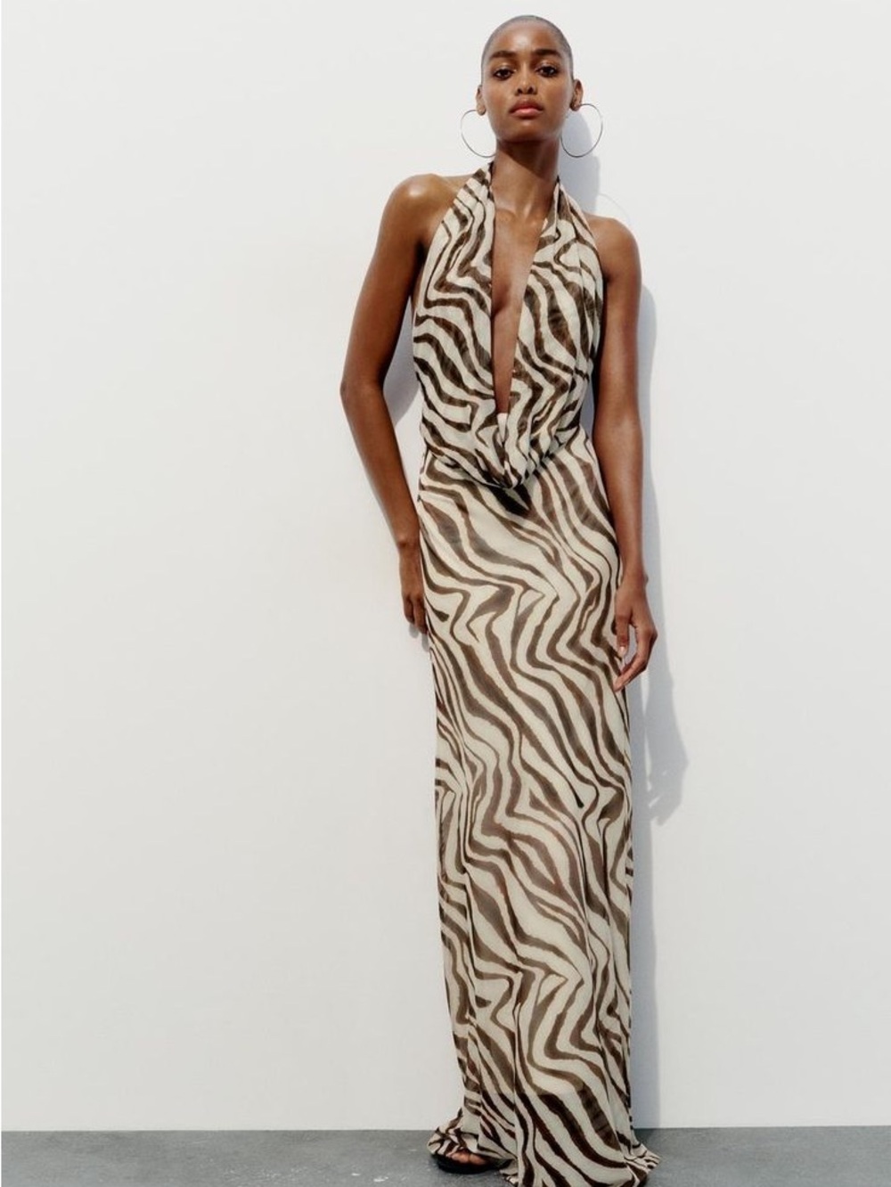 Zara Zebra-Print Halter Maxi Dress in Beige and Brown